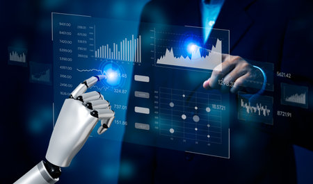 Business 3D rendering artificial intelligence AI robot dashboard Big data diagram graph virtual screen. economic analysis and investment finance and marketing business intelligence (BI) concept.の写真素材