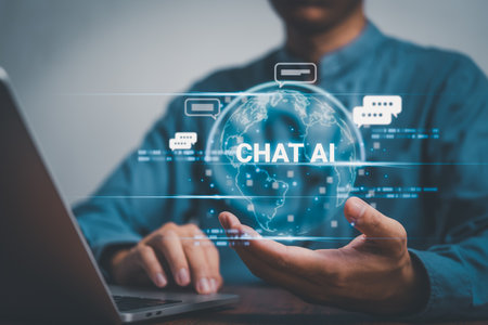 Hand of businessman chatting with smart AI or artificial intelligence, Automate chatbot Digital, robot application, OpenAI generate. Futuristic technology.の写真素材