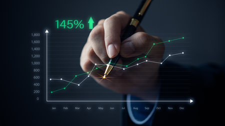 hand holding pen graph virtual screen. Concept marketing investment finance business.の写真素材