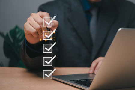 Survey form check online concept. Check marks on checklist evaluate questionnaire or answering...