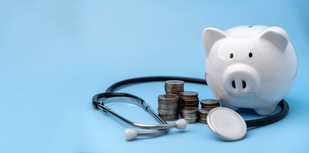 Financial Health Management Growth and Savings Concept with Piggy Bank and Money. Piggy Bank and Health Insurance Solutions and Medical Examination. Business investment assurance emergency medical.の写真素材
