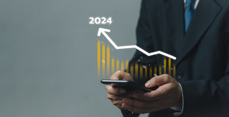 Business financial graph growth 2024, businessman analysis Goals, Plans and Visions strategy investments market future money technology concept.の写真素材
