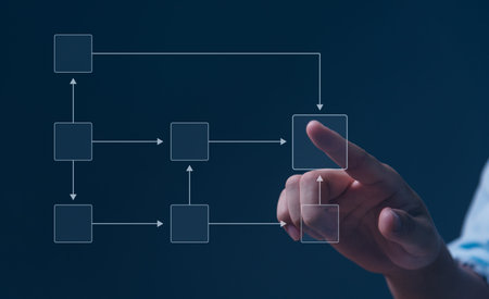 Businessman Analyzing Workflow Virtual Mind Map on Screen Process Automation and Management