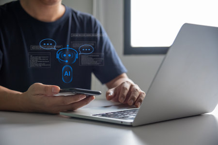 Digital chatbot AI artificial online customer service provides futuristic technology through virtual assistants on the internet.の写真素材