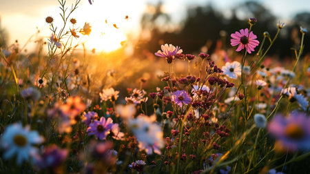 flowers meadows field green plant sunset. Nature and landscape travel. season summer. style vintage. Generative AIの素材
