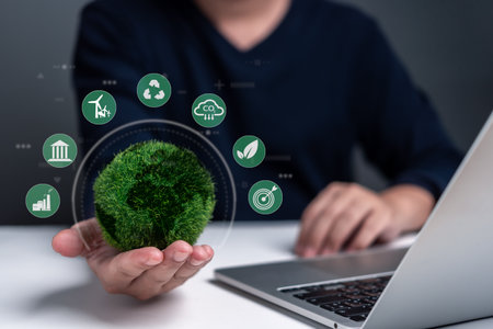 Reducing global warming is friendly to the environment. Innovation in technology, nature the green world, eco co2 recycling, sustainable renewable and ESG net zero carbon concept businessの写真素材