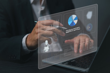 AI artificial financial services. Robotic process automation in banking Intelligent automation Digital transformation in finance. Innovation chatbot management big data in financial services.の写真素材