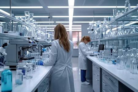 Spacious Modern Laboratory with Advanced Equipment
Wide-angle view of a clean and well-equipped modern laboratory interior with scientists conducting research.Generative AIの素材