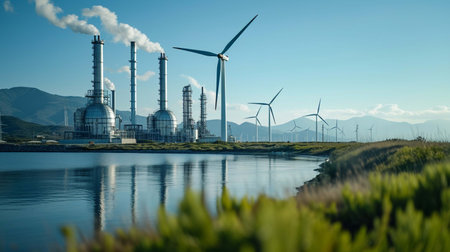 Energy Transition Industrial Plant and Wind Turbines Industrial power plant with wind turbines illustrating the transition to renewable energy sources climate change solutions. Generative AIの素材