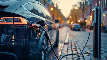 An electric car charges from a public charging station on a quaint street lined with autumn leaves. EV car automotive technology. Generative AIの素材