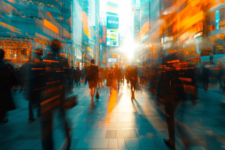 Blurred motion of pedestrians walking on wet city streets with reflections of city lights. Generative AIの素材