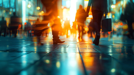 Blurred motion of pedestrians walking on wet city streets with reflections of city lights. Generative AIの素材