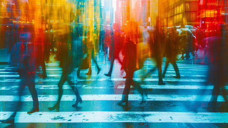 Blurred motion of pedestrians walking on wet city streets with reflections of city lights. Generative AIの素材