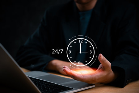 customer support assistance information Contact Us. call center support work on laptop computer with virtual working 24 hour 7 day icon. Business communication networkの写真素材