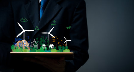 Green technology, sustainable development and reduction of pollution and global warming make the environment friendly.の写真素材