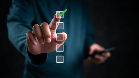 Hand touching checklist, green check mark highlighted. Concept of task completion, decision making,...