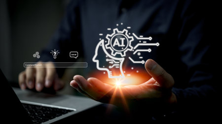 Businessman presenting AI holographic interface. Represents artificial intelligence technology, innovation. Suitable for digital, tech business themes.の写真素材