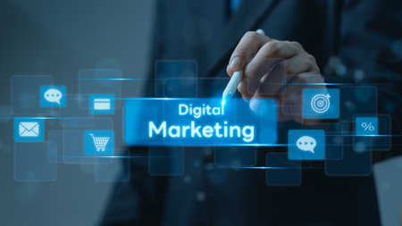 Businessman interacting with digital marketing holographic interface. Represents online promotion, modern marketing strategies. Ideal for business, technology content.の写真素材