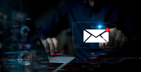 Close-up of email notification holographic interface. Emphasizes digital communication, modern tech....