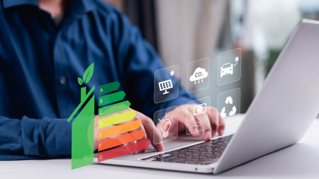 Energy efficiency icons on laptop screen, green smart home hologram in front. Represents sustainable living and technology. Perfect for eco campaigns, energy conservation, and smart home tech.の写真素材