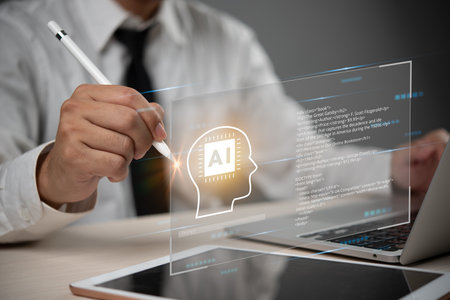 business professional using a digital pen to interact with an AI brain interface on a laptop, artificial intelligence creativity and coding program. Technology, AI innovation, digital interaction.の写真素材