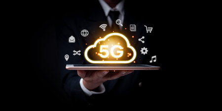 Businessman presenting a glowing 5G cloud symbol over a tablet, representing next-gen wireless...
