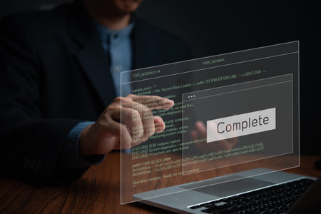 User interacting with a holographic programming interface displaying code completion. Represents software development, IT processes, and digital solutions.の写真素材