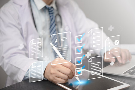 physician assessment expert checks patient care quality, hospital assessment of treatment and doctor quality recommendations and satisfaction efficiency certification standardsの写真素材