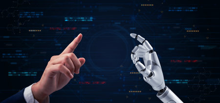 A human hand and a robotic hand reaching towards each other, collaboration between humans and artificial intelligence. AI development, digital transformation, and smart technologies.の写真素材