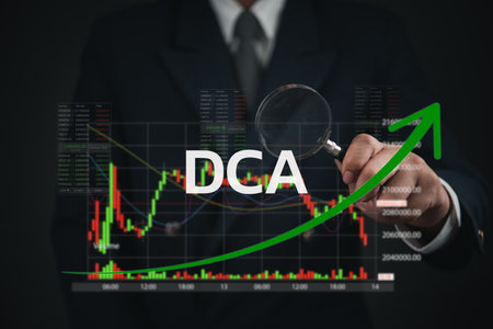 DCA investment strategy financial graph and green arrow growth. investment wealth management and portfolio improvement. market trends, and profit planning with effective analysis.の写真素材