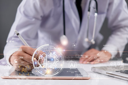 AI innovation in the medical field. Doctors use digital pens to record data on tablets. chatbot conversation customer service . Smart health systems create a new future.の写真素材