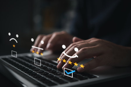 Digital customer review and service quality audit concept. Business compliance, client testimony, and online evaluation process for improving marketing, technology, and consumer experience.の写真素材