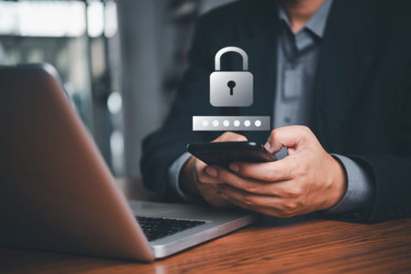 Hands holding a smartphone with a password input field and security lock icon, symbolizing data...