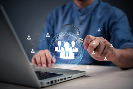HR recruitment process using digital hiring technology to search for candidates.Corporate hiring strategy leveraging human resources technology for talent management.の写真素材