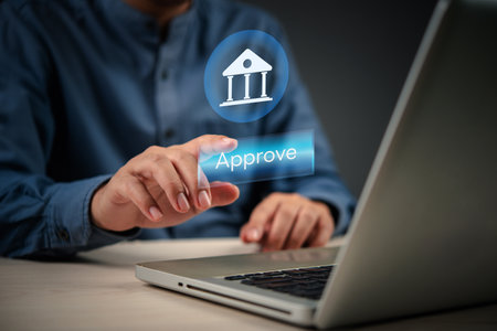 Online approval process with digital button and bank icon. Ideal for fintech, digital authorization, secure transaction, internet finance, and paperless workflow.の写真素材