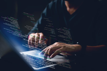 IT professional coding backend script for secure network system in dark web style environment. Powerful for firewall, security, and software projects.の写真素材