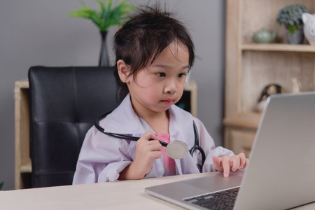 Little girl dressed as a doctor using a laptop, representing role play, future healthcare career, and child education in a digital world.の写真素材