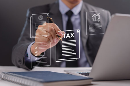 businessman reviewing and signing tax documents, with digital icons showing financial data and tax...