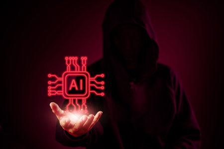 AI hacker holding a glowing red chip symbolizing artificial intelligence in cybercrime, darkweb, and...
