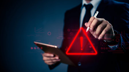 Business cyber alert concept with glowing triangle symbol. Represents warning, error, system risk,...