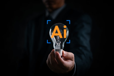 Man holds a light bulb. Artificial intelligence concept, innovation, modern technology. Conversation with robot.の写真素材