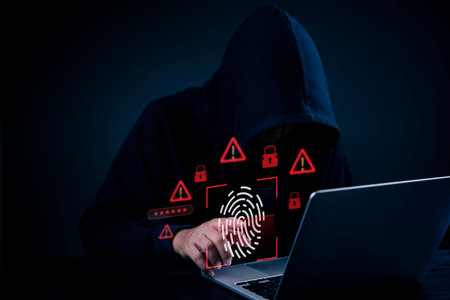 Biometric security bypassed by cybercriminal, digital fingerprint on screen, data safety, online scam, privacy risk, computer crime, information theft, dark background.の写真素材