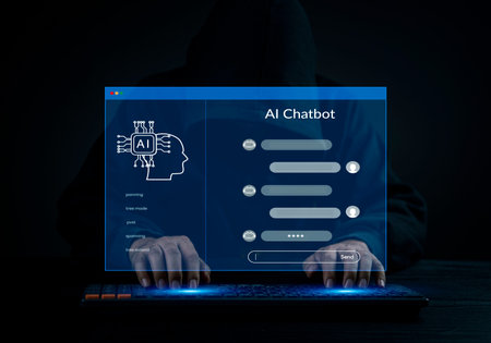 hacker using an AI chatbot interface on a digital screen. Cyber crime, online privacy, and network...