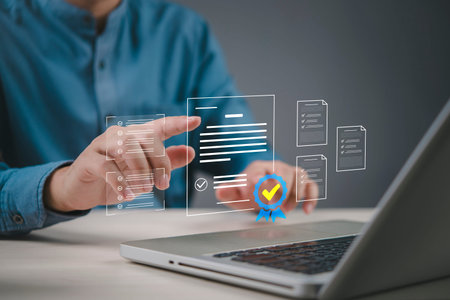 Approval, compliance employee reviews forms on a notebook at the office, guiding certification,...