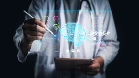 Doctor use tablet analyze AI brain scan. Neurology healthcare technology innovation. Medical data...