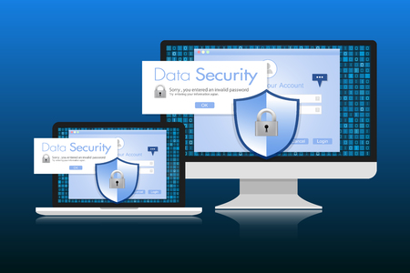 Concept is data security. Shield on Computer Desktop or Laptop protect sensitive data. Internet security. Illustration.のイラスト素材