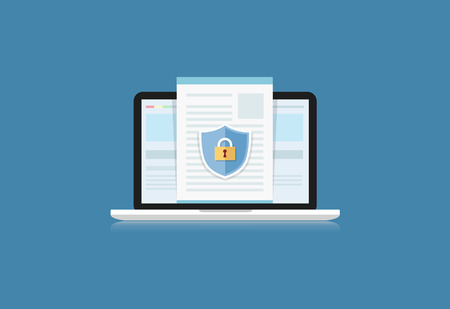 Concept is data security. Shield on Computer Desktop or Laptop protect sensitive data. Internet security. Vector Illustrationのイラスト素材