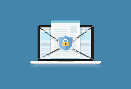 Concept is data security. Shield on Computer Laptop protect sensitive data. Internet security. Vector Illustrationのイラスト素材