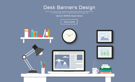 Desk with computer, documents and stationery. Workplace for the business and education. Flat design illustration for web design, flyers and presentationsのイラスト素材