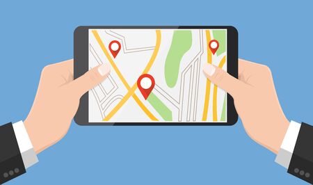 Flat design style human hand  holding smartphone or tablet with map app on the screen , vector design element illustrationのイラスト素材